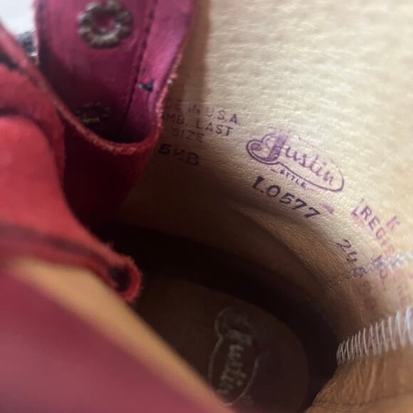 Justin Women's 5.5 'McKean' Lace Up Boots Red Leather Roper Western Boot Kiltie - Picture 7 of 8